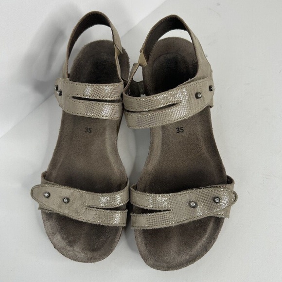 Mephisto Grey Metallic Sandals Strappy Low Wedge - Picture 2 of 6